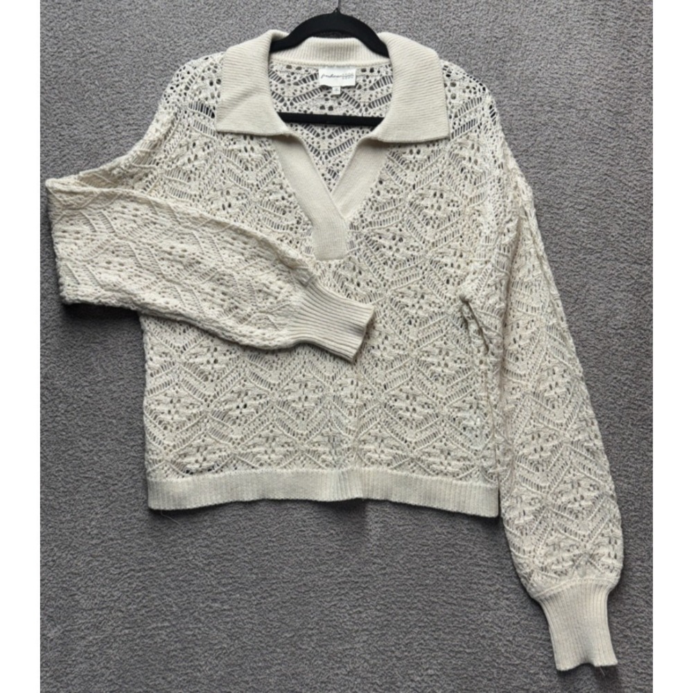 Freshman 1996 Crochet Knit Sweater L Cream Collared Open Knit Boho Coastal